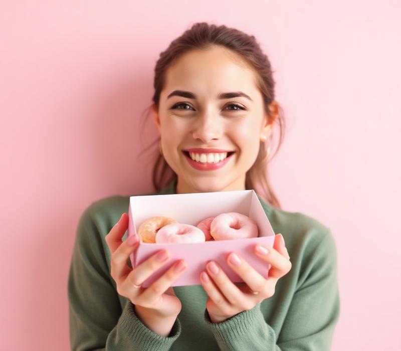 Clienta feliz con su caja de mini donas